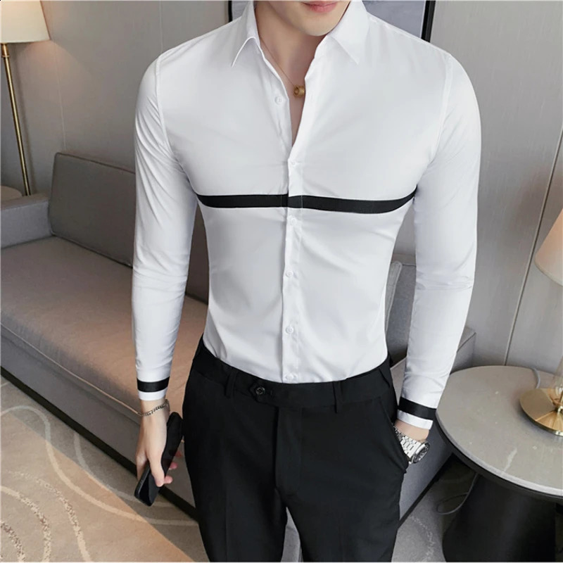 Autumn Long Sleeve Shirts Slim Fit Casual Business Formal Dress Ribbon Decoration Social Party Office Mens Clothing 250220