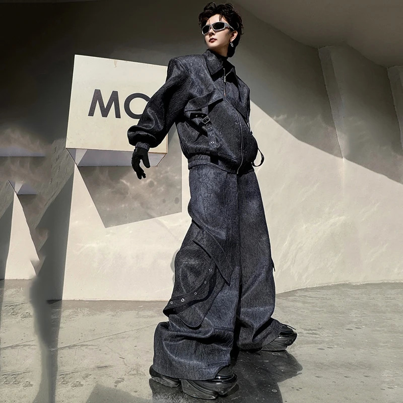 PFNW High Street Mens Suit Multi-pocket Ribbon Jacket Men Loose Wide Leg Pants Male Fashion Two-piece Set Spring 9C4240 250220