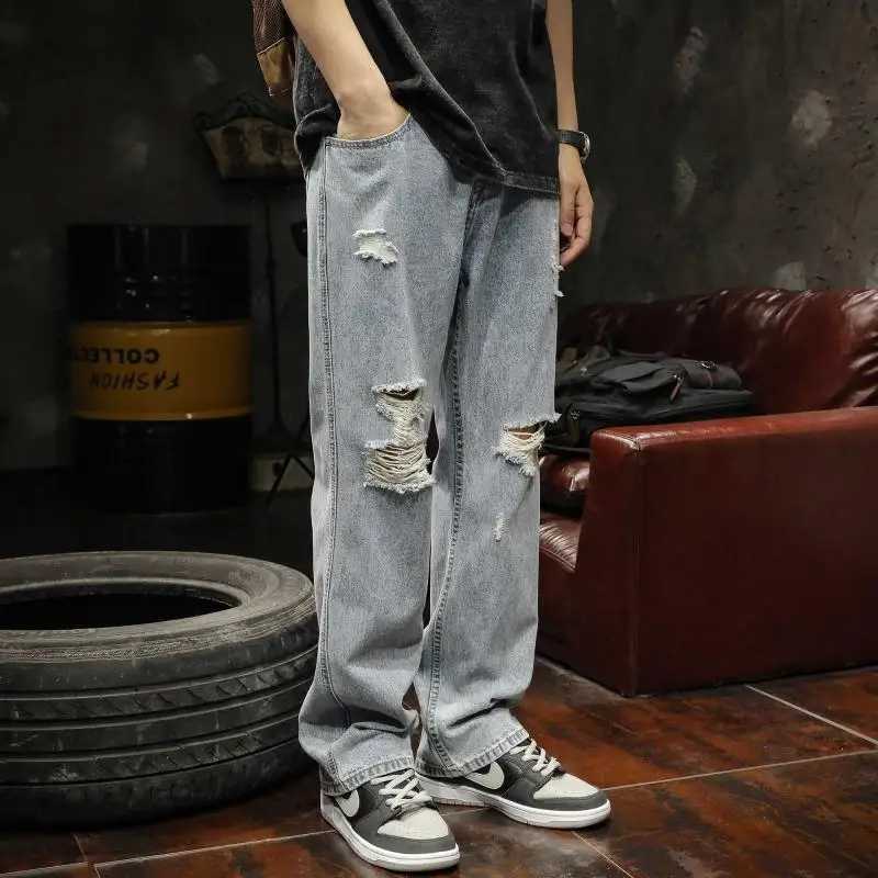 Broken Hole Jeans Mens Summer Thin Style American Washed Distressed Street Straight Leg Casual Long Pants X250220