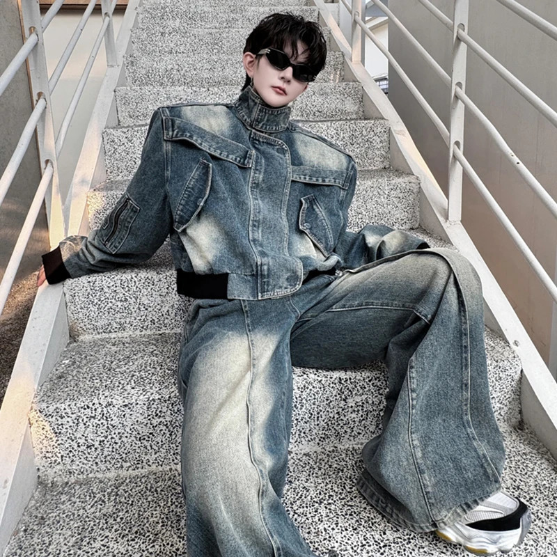 LUZHEN Standing Collar Personalized Patchwork Denim Jacket Short Two Piece Sets Mens Loose Street Mens Jeans LZ6548 250220