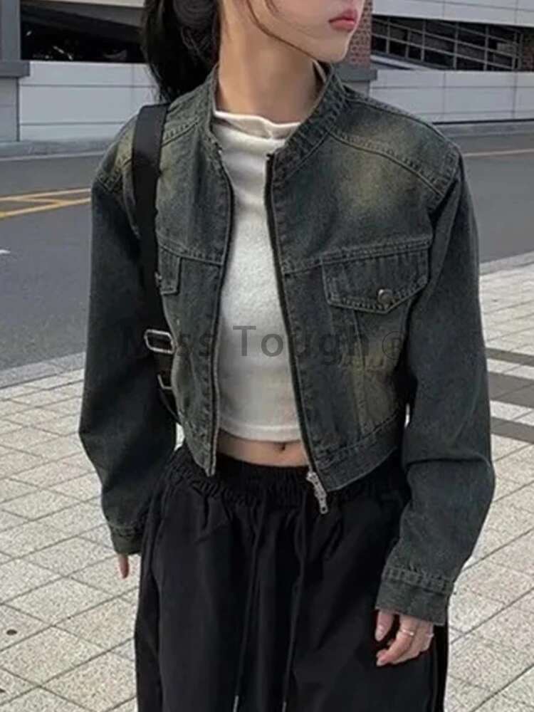 AI.Fashion Stand Collar Y2k Denim Zipper Slim Vintage Coats Women Elegant Streetwear Short Jackets Female Ladies
