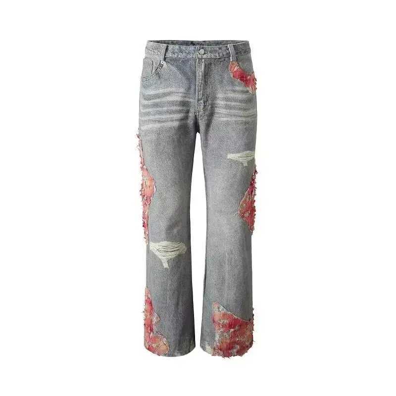 Y2k Grunge Ripped Print Contrast Patchwork Straight Harajuku Hip Hop Casual Baggy Trendy High Waist Hallow Out Jeans X250220
