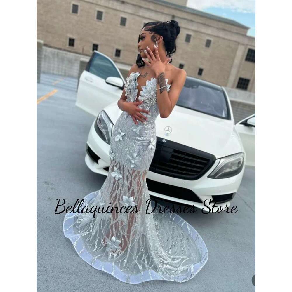 Glitter Mermaid Silver Sequins Black Girl Ball Gowns Sexy Applique Strass Long 2025 Female Party prom Dress Customized