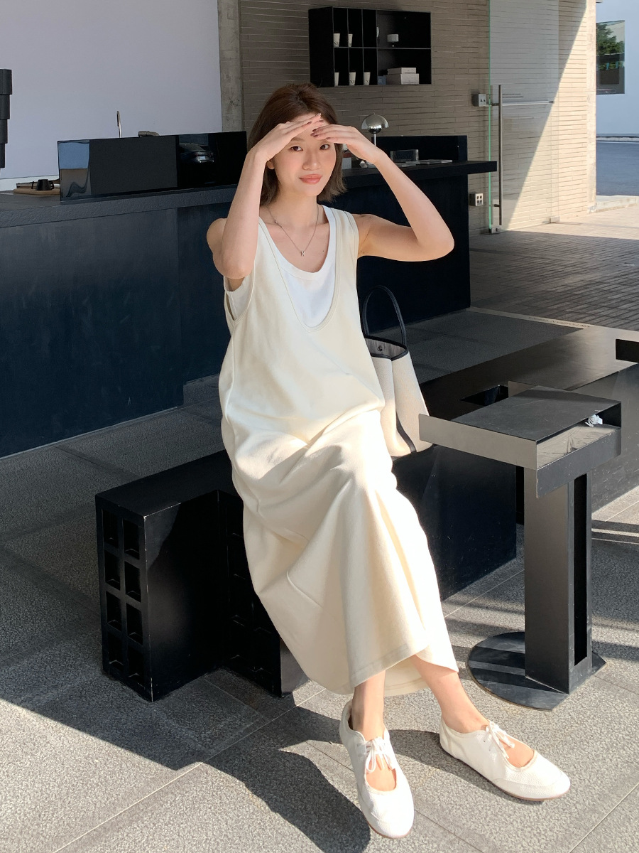 F504947 two-piece contrast vest + dress 2025 spring Korean version simple long skirt