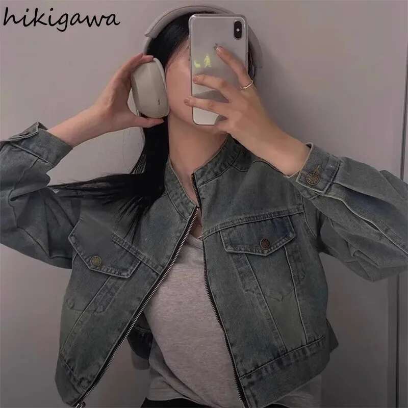 Korean Jackets Women's Clothing Stand Neck Long Sleeve Denim Y2k Tops Casual Fashion Zipper Crop Coats 2024 Ropa Mujer