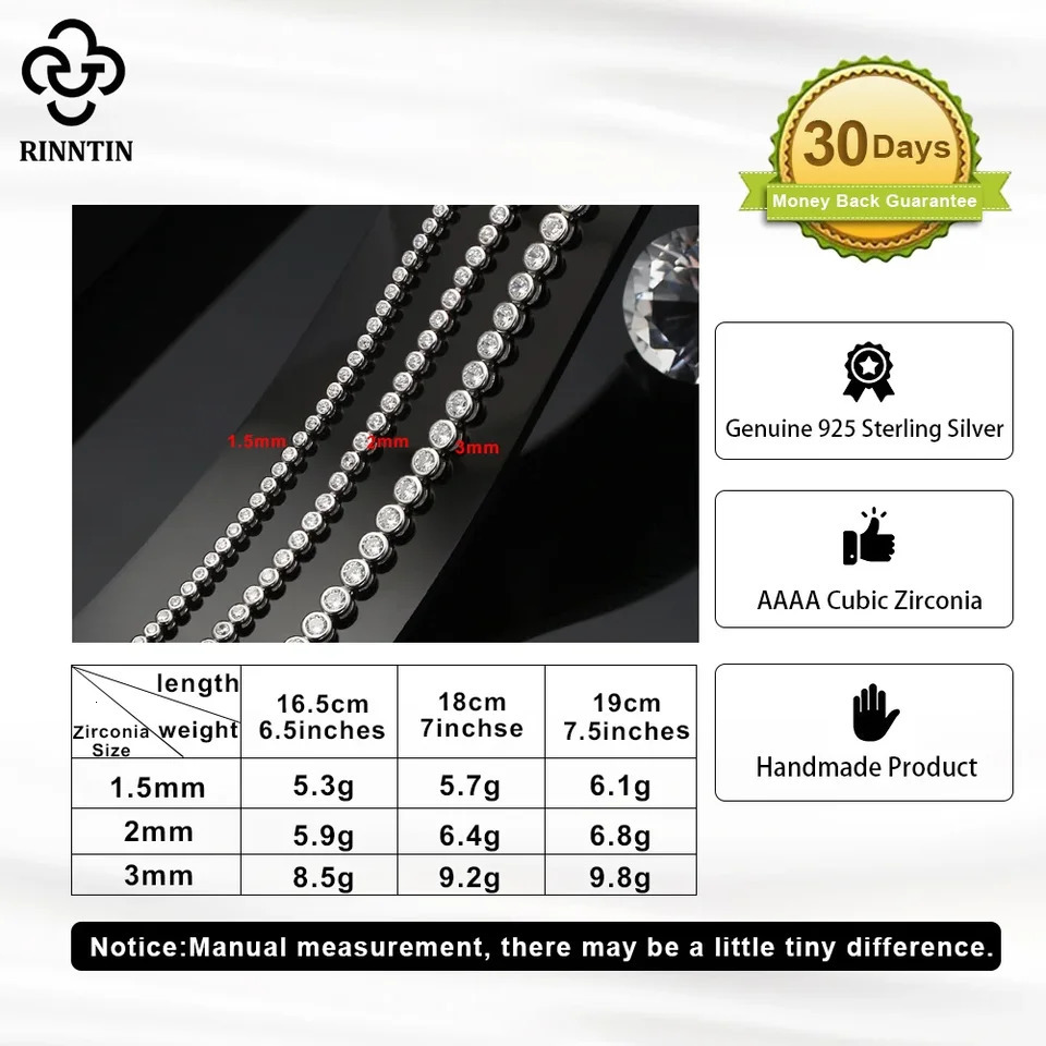 Rinntin Shiny Tennis Bracelet 925 Sterling Silver 1523mm Clear Cubic Zirconia for Women y Chain Jewelry SB143 250213