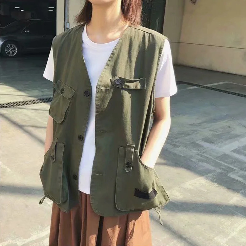 Army Green Vests Women Safari Style Korean Fashion Mujer Bf All-match Summer Breathable Pockets V-neck Simple Casual 250219