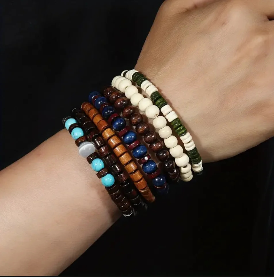 22Piece Set Vintage Style Bohemian Wooden Beaded Bracelets Synthetic Turquoise and Cats Eye Beads Fashionable Stacking Brace 250213