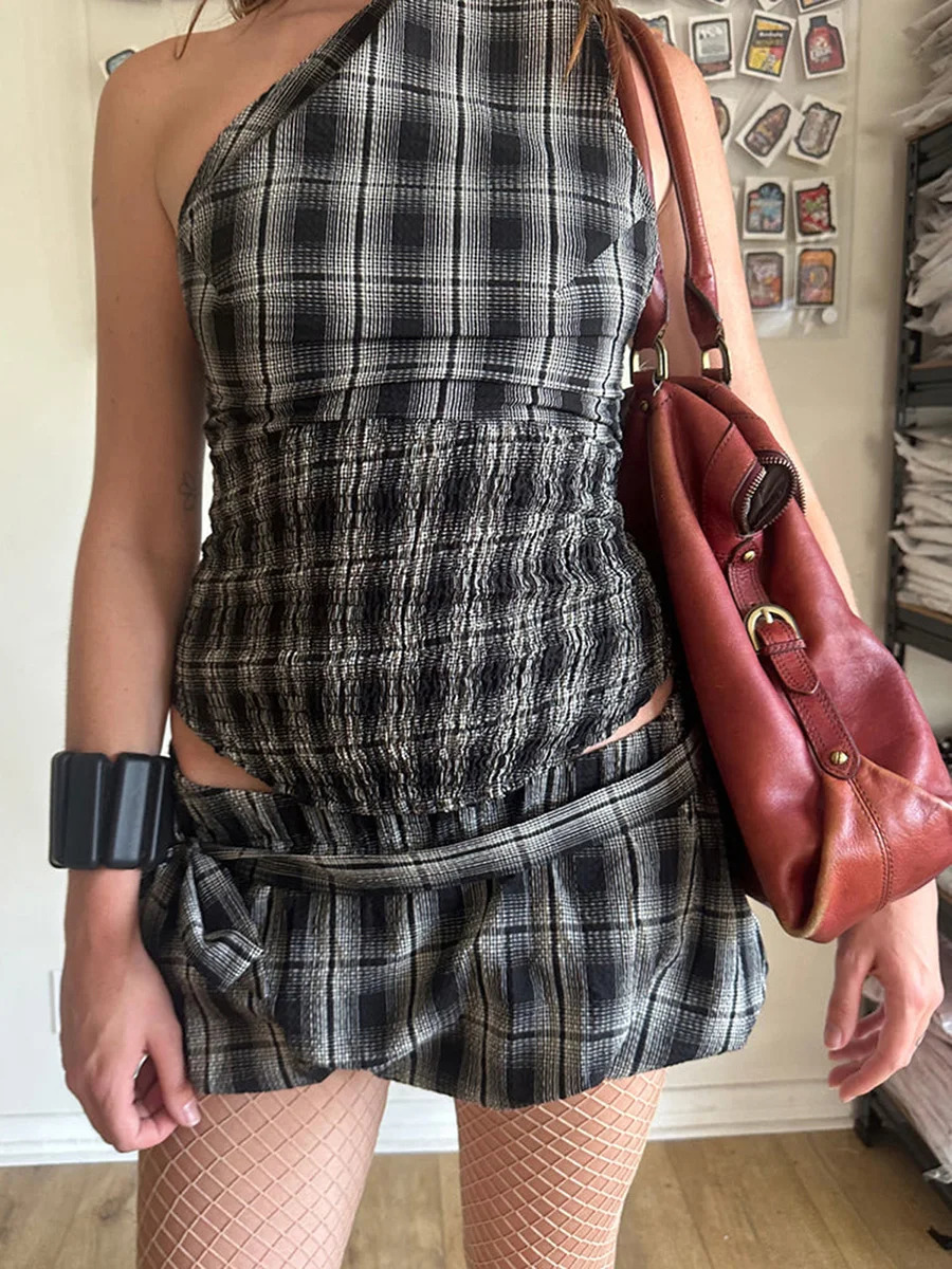 Women Y2K 2 Piece Bubble Skirt Outfit Set Off the Shoulder Plaid Halter Tank Top and Puff Mini Skirt with Belt Party Clubwear 250220