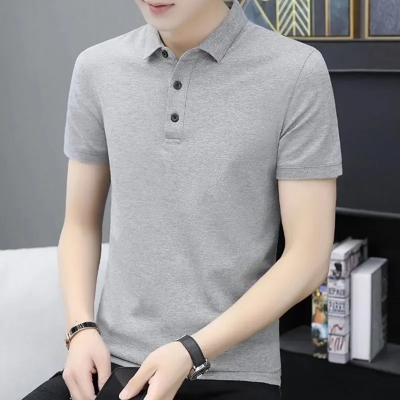 Hong Kong trend mens summer polo shirt short sleeved business casual lapel top gray white 250220