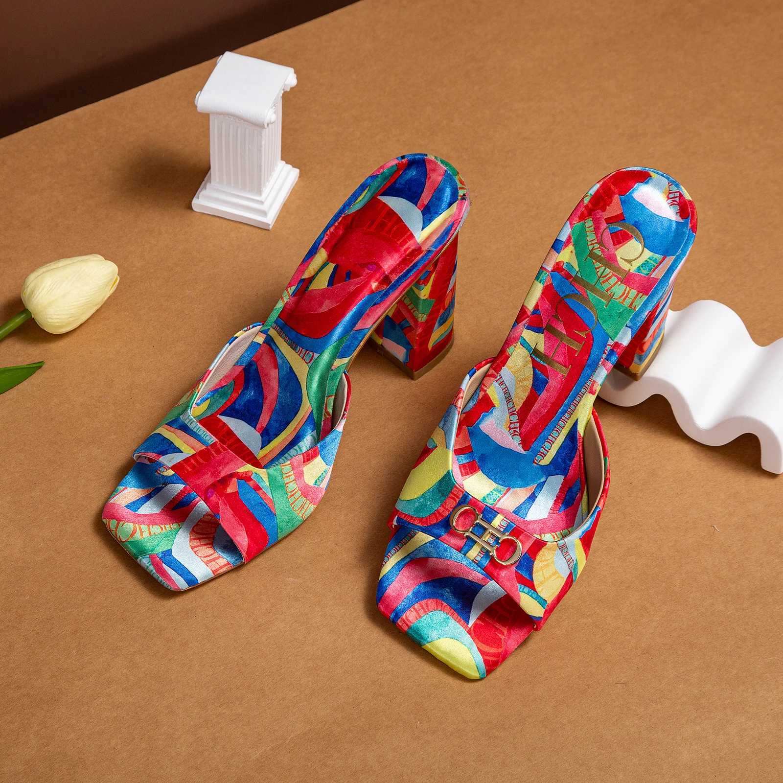 Wens New High-heeled Shoes Fi Mahing Color Collisi Design Exquisite Versatile Ladies Outdoor Slippers Y250215