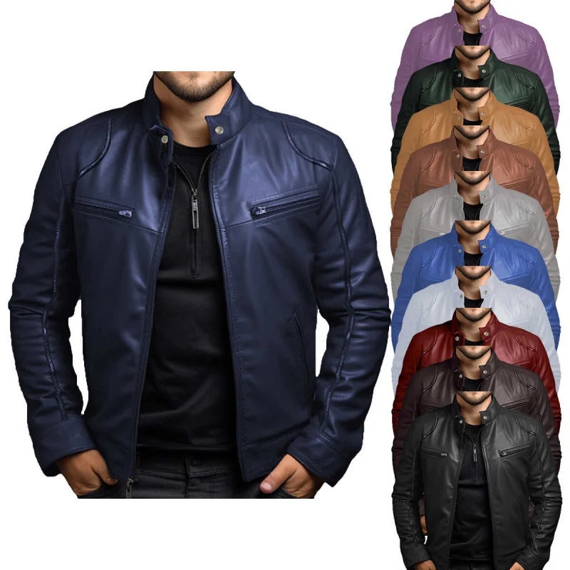 Mens Business PU Leather Jacket for Autumn and Winter Fashionable Stand Up Collar Casual Men 250210