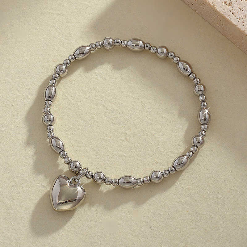 Charm Bracelets Peach Heart Round Bead Bracelet Fashionable Personalized Trendy Handpiece Gold Plated Solid Love Elastic Bracelet H25220