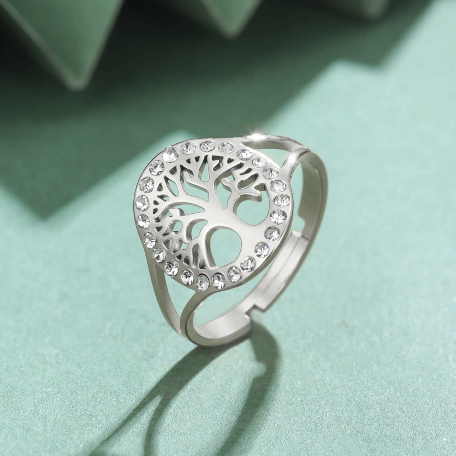 Skyrim Tree of Life Clear Zircon Round Ring Stainless Steel Gold Color Adjustable Wen Finger Rings Amet Jewelry s X250220