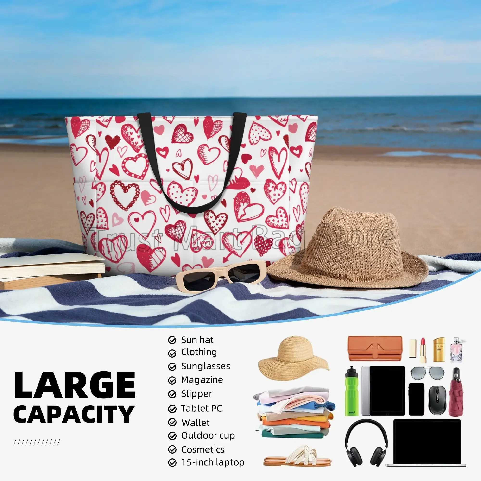 Large waterproof beach bag pink heart-shaped cute beach handbag with zipper suitable for womens travel vacation swimming Z250219