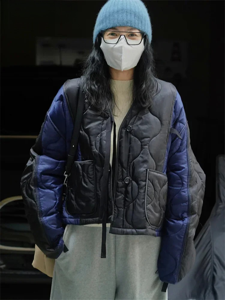 Winter Warm Silhouette Argyle Cotton-Padded Jacket Women Loose Soft Skincare Parkas Female Black/Blue