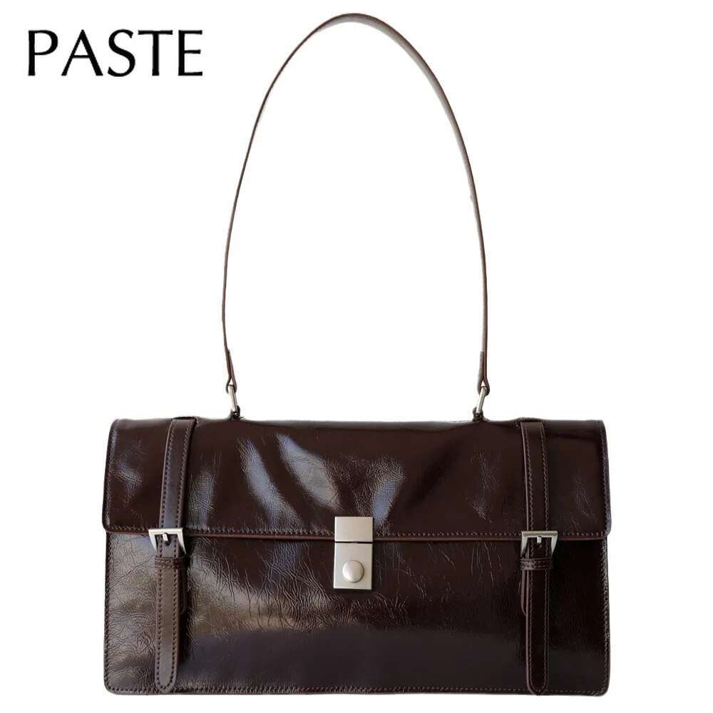 New 2025 Wine Red Glossy Retro Style Trunk Tote Lock Design Cowhide Leather Women Messenger Bag High-End Long-Handle Handbag