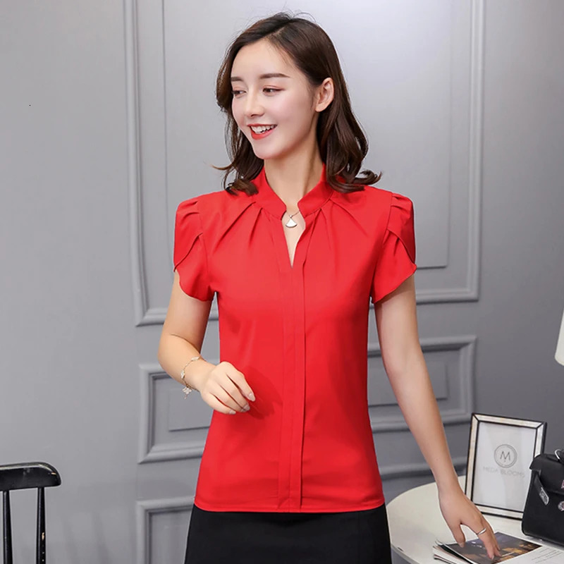 Women Chiffon Shirt Korean Elegant Slim Folds Short Sleeve Blouse Casual Office Stand Collar All Match Ladies Tops 250219