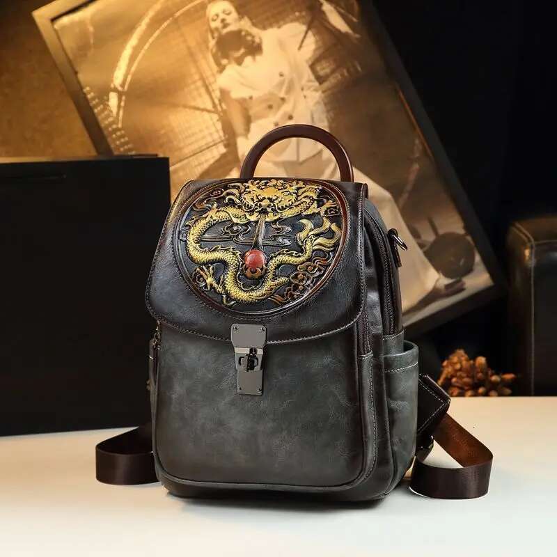 Retro National Style Leather Backpack Female Dragon Year Emment Large Capacity Single Shoulder Multi-Functional Travel Bag