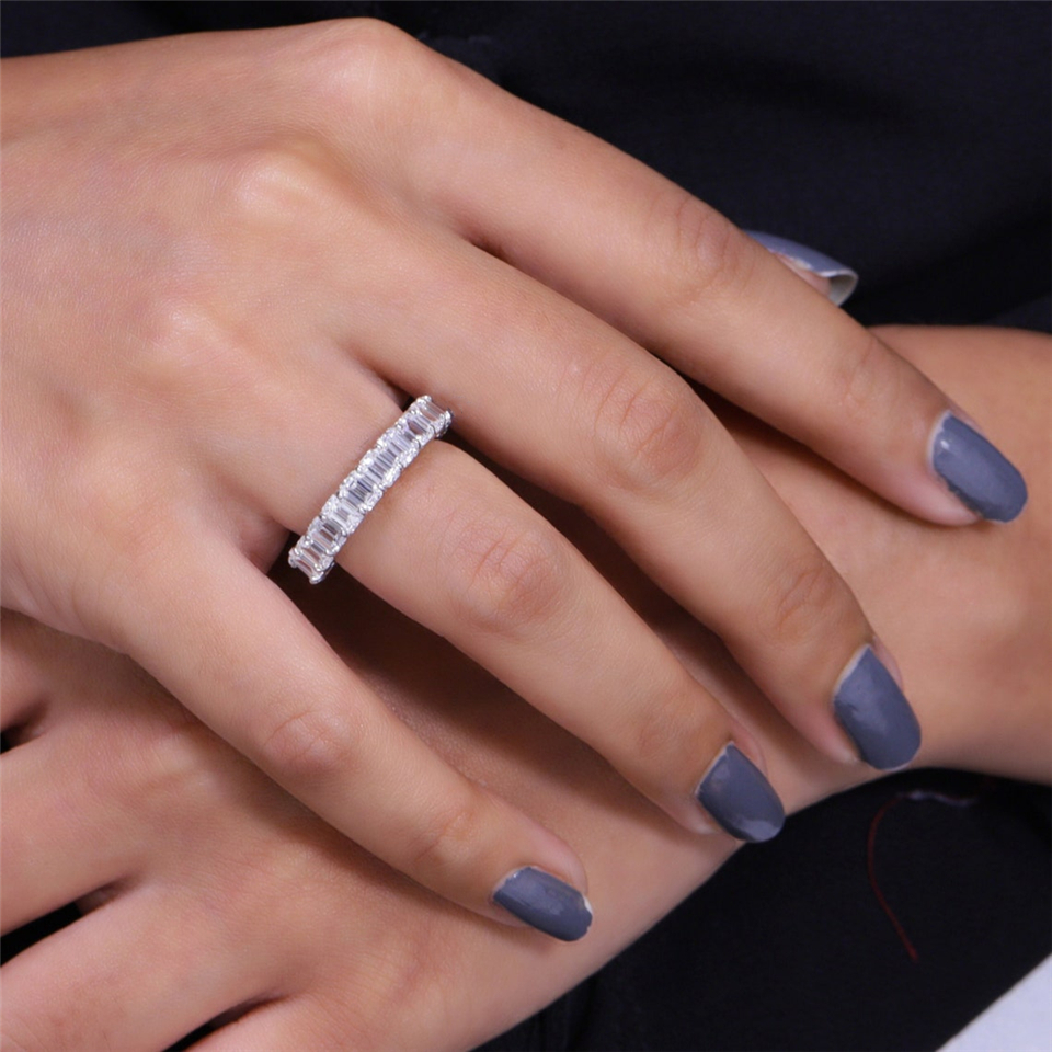 Jewelry 4*3MM Each Emerald Cut Lab Diamond Full Eternity Band Ring 14K 18K Real White Gold Pt950 CVD HPHT Diamond Womens Wedding Stackable Engagement 