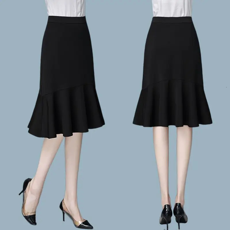 Summer High Waist Loose Hip Skirt Solid Color Allmatch Ruffle Fishtail Elegant Fashion Women Clothing 250220