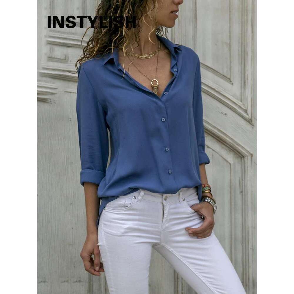 Women Solid And Shirt Elegant Long Sleeve V Neck Chiffon Blouse Office Lady Loose Tunics Oversized Tops
