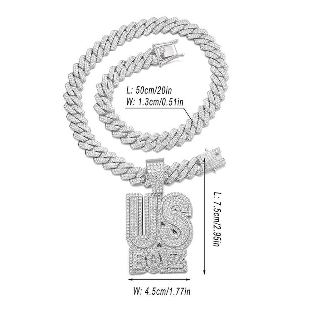 Mens Rhinestone US Boys Letter Pendant Necklace With 13mm d Out Bling Square Cuban Chain Charm Fashion Hip Hop Men JewelryXJ250219