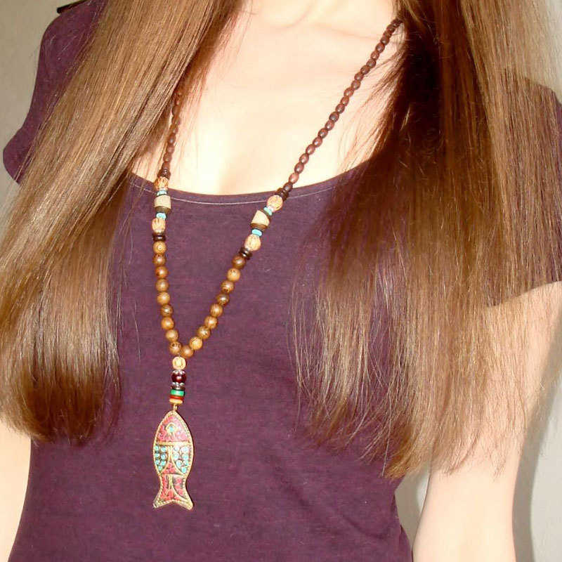 Pendant Necklaces Wind hemp cotton clothing Necklace national wind Buddha beads sweater chain necklace female wooden fish Pendant Long Necklace H25219