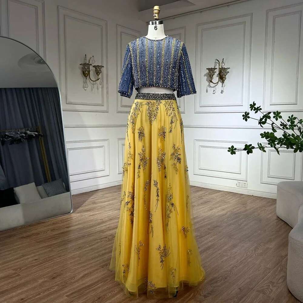 Blue Dubai And Yellow Piece Evening Gown Elegant Long Formal Prom Party Dress Customize BLA
