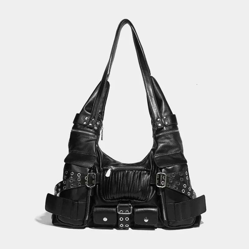 Black Punk Crossbody Women Multiple Pockets Wide Strap Rivet Ruched Belt Buckle Shoulder Bag Fashion Chic Designer Handbag