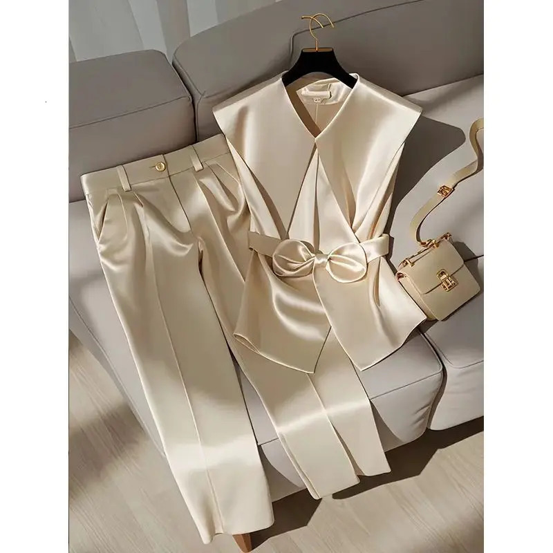 Fashion Satin Celebrity Outfits Elegant OL Peter Pan Collar Bow Sleeveless Vest High Waist Wide Leg Pants Two Piece Set 376P 250219