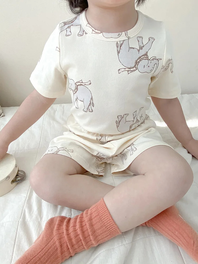Summer Childrens Pajamas Boys Pure Cotton Short Sleeve Shorts 2-Pcs Set For Home Wear Girls Sleepwear Suit 250219