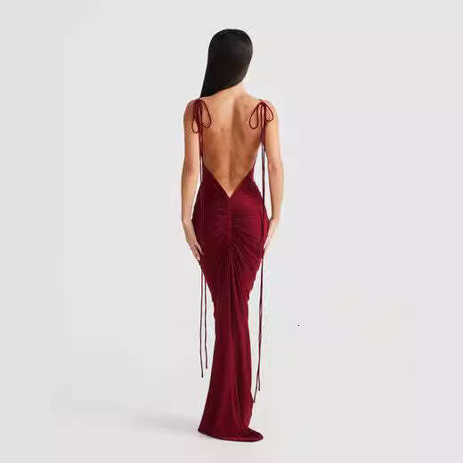 European and American ins pleated sexy backless suspender bag buttocks long solid color dress wholesale 2025 new casual fashion trend clothing