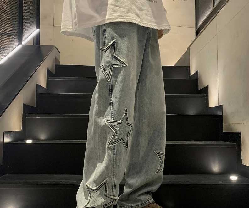 New fashion five point star jeans mens high waisted retro street clothing mens pants pockets winter wide leg jeans denim mens clothing X250220