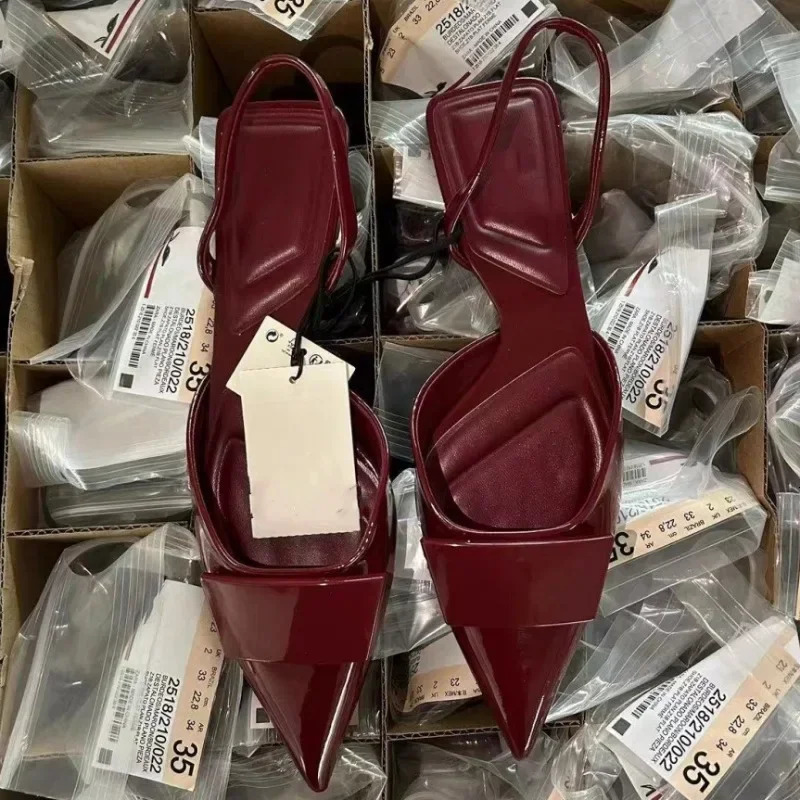 Summer Flat Sandals For Women Chic N Sexy Pointed Toe Casual Back Strap Shallow Slingback Mules Shoes Wine Office Footwear 250218X