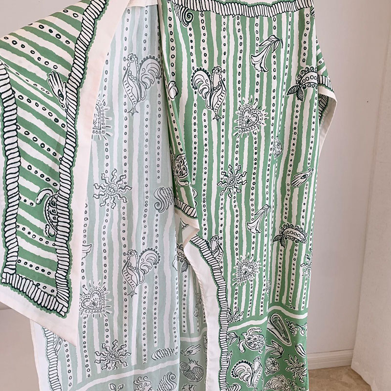 Lady Organic Cotton Green White Stripe Print Set Luxury O Neck Long Sleeve Cropped Loose Top One-Piece High-Waist Tie Skirt Chic Spring High-Quality D