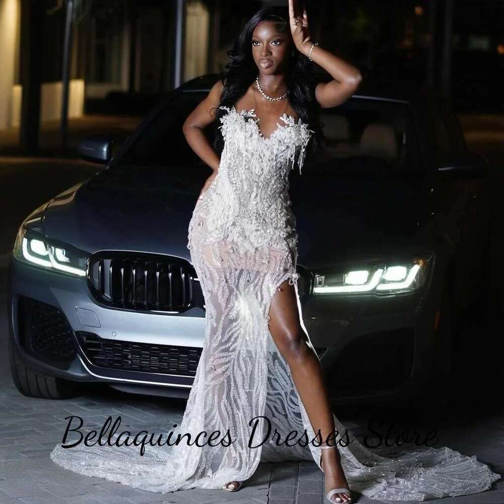 High Slit White Sequins Women's Ball Gowns 2025 The Shine Beaded Strass Party Dress Black Girls Custom prom
