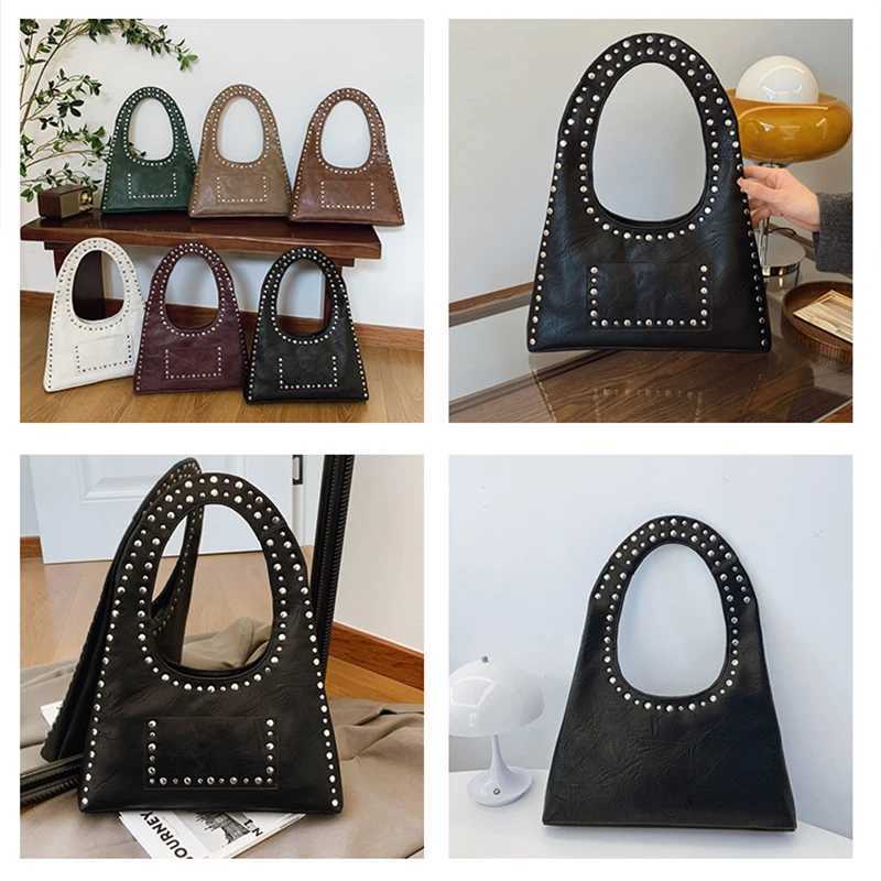 Retro decorative shoulder bag European and American motorcycle style nail wallet leather armrest bag hot womens handbag Y250218