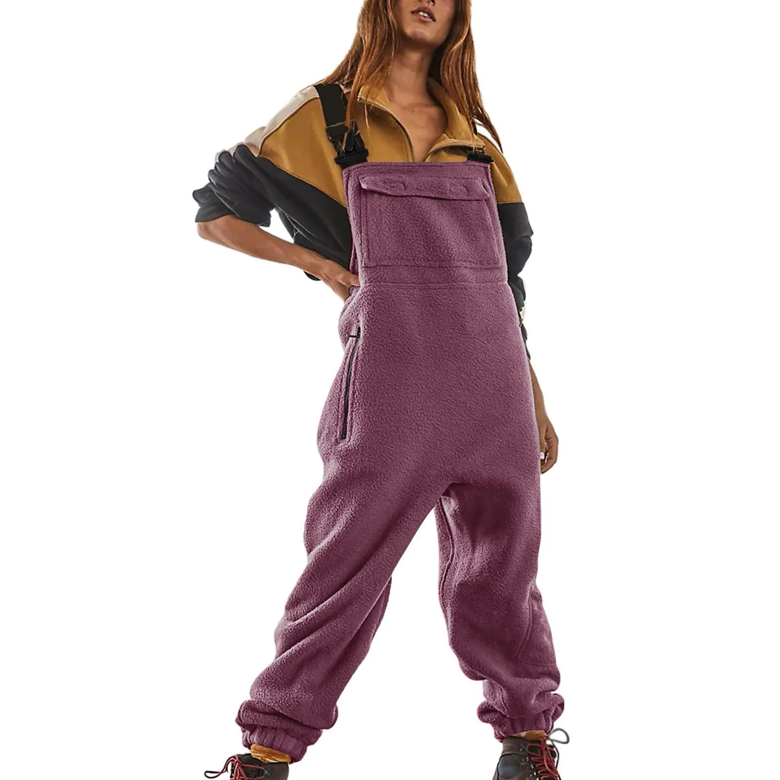 Womens Oversized Jumpsuit Womens Solid Color Fashionable Jumpsuit With Pockets Autumn And Winter Plus Plush Thick Jumpsuit 250220