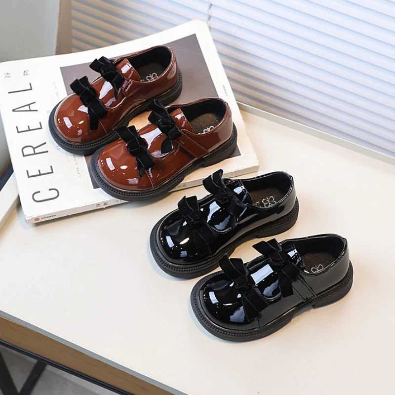 Children Black Mary Jane Shoes Glossy PU Girls Causal Leather Shoes with Bowknot New Sweet Kids Princess School Uniform Shoes X250220