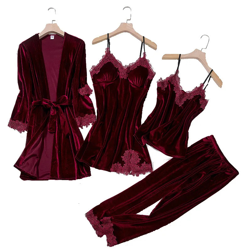 TOP Casual Velour Home Clothing 4pcs Sleep Set Intimate Lingerie Women Pyjamas Suit Long Sleeve Lace Velvet Homewear Pyjamas 250219
