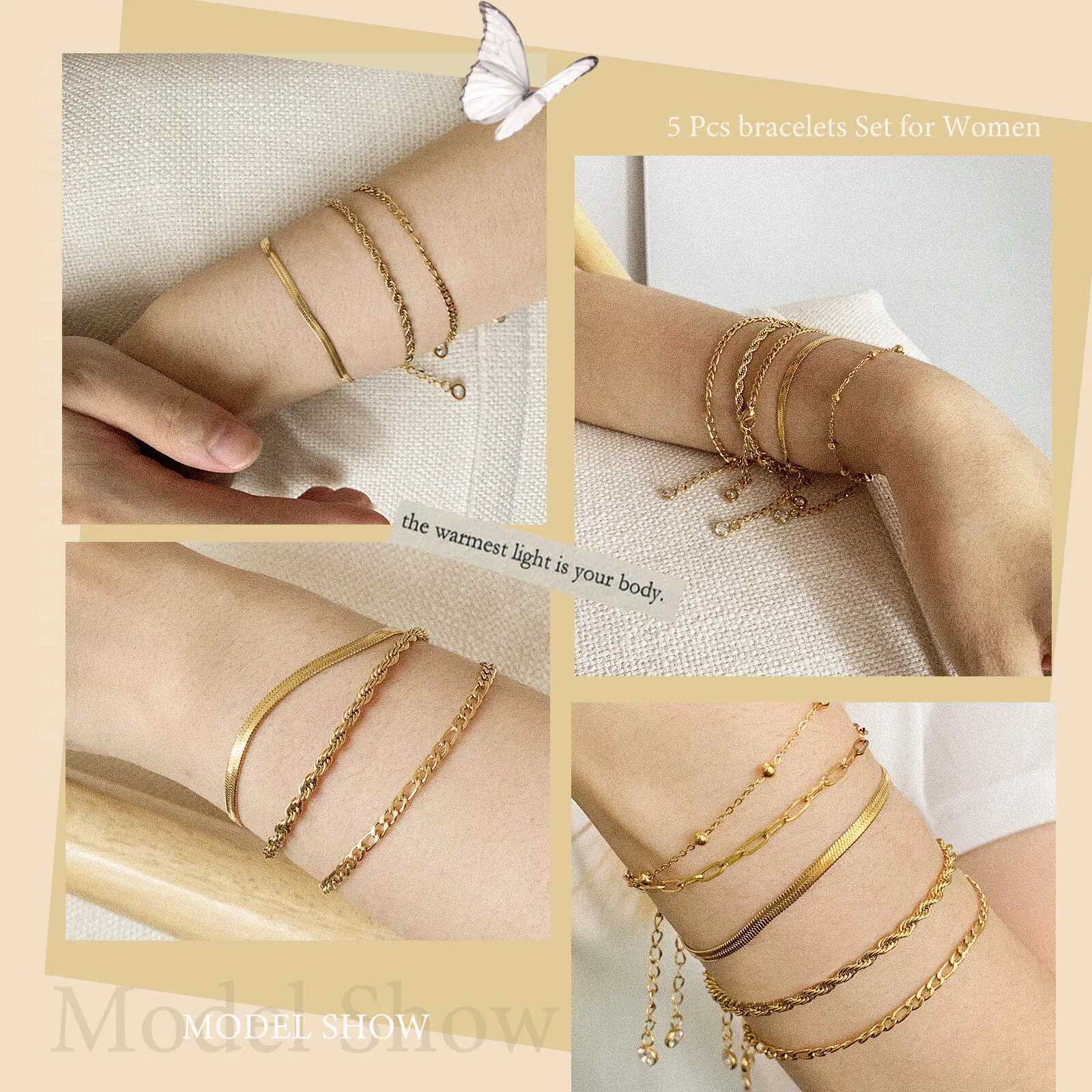 Gold Plated Bracelets Set for Women 5pcs Chain Link Stainl Steel Statement Bracelet Stackable Layered Jewelry AdjustableXJ250219