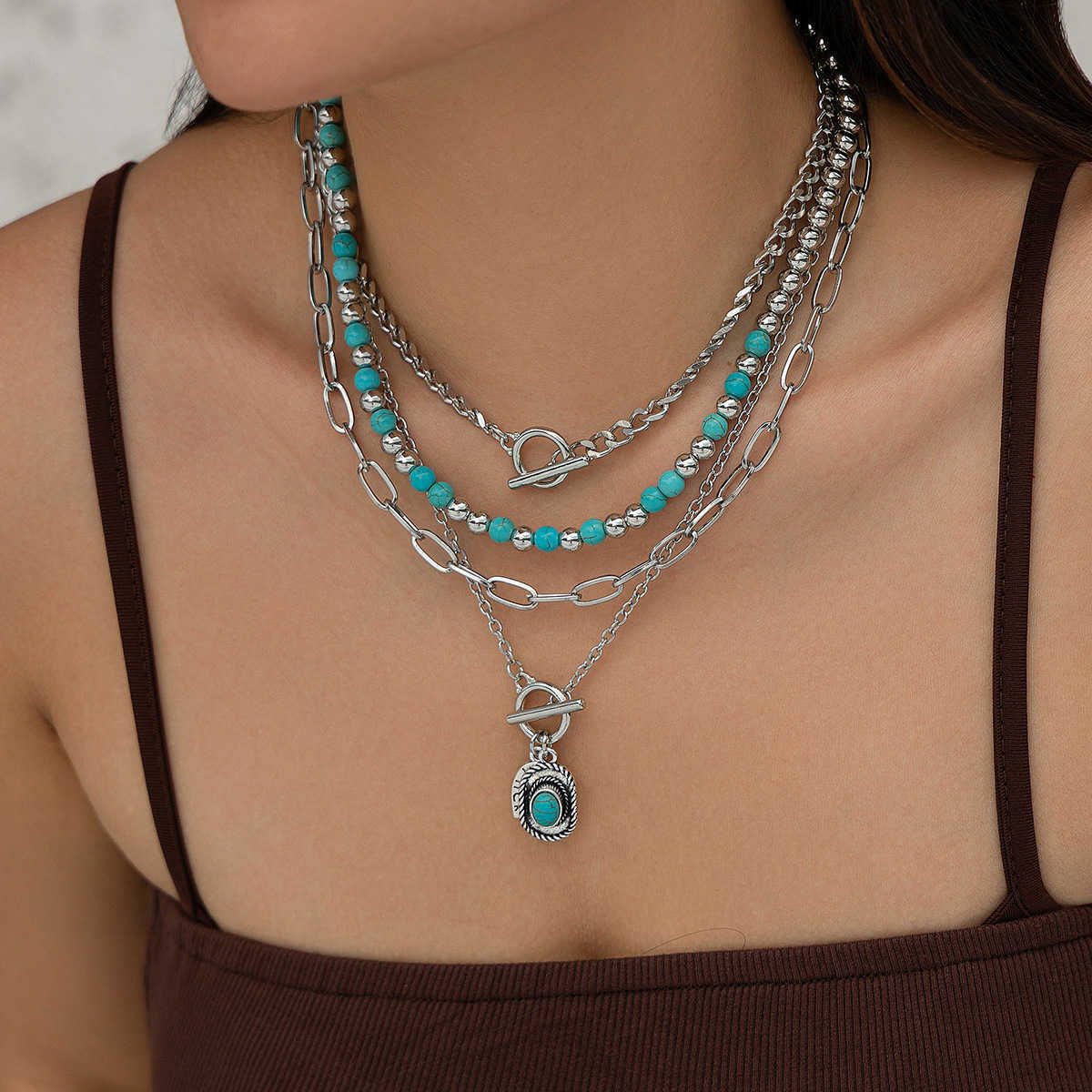Pendant Necklaces Punk cowboy style cactus bull head collarbone chain Bohemian turquoise bead cross necklace H25219