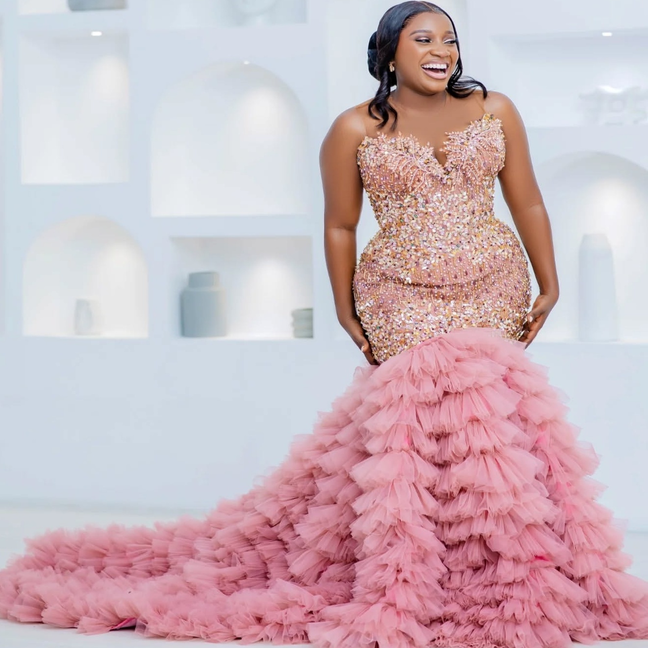 Blush Pink Mermaid Prom Dresses 2025 Beaded Crystals Sequined Tiers Evening Formal Party Second Birthday Engagement Gowns Plus Size Dress For Special 