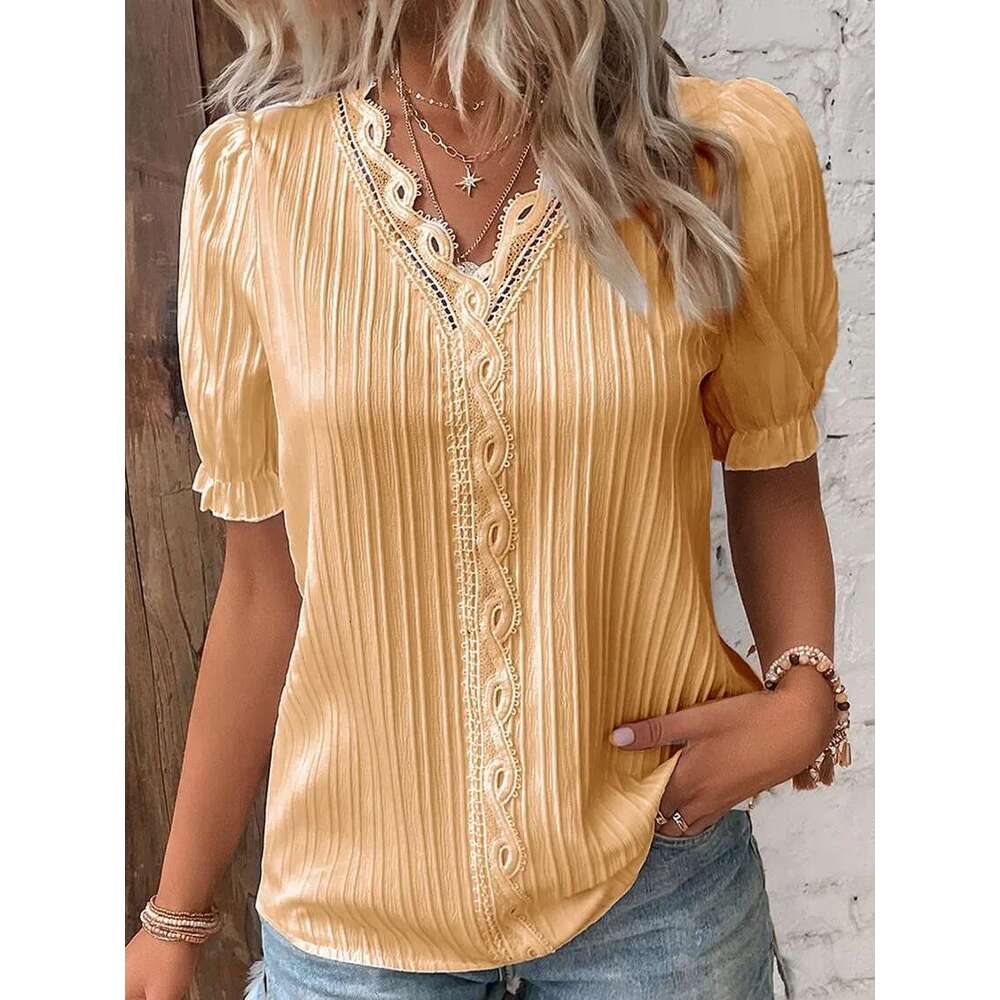 Women's Summer New Top 2024 Solid Sexy V-Neck Hollow Short Sleeve Shirt Fashion Splice Plus Size Blouse Loose Street Apparel