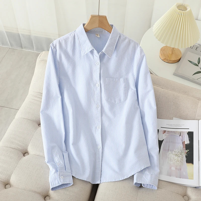 Casual Cotton Womens Oxford Shirt Autumn Good Quality Woman Blouse and Tops Lady White Blue Striped Shirts Clothes 250219