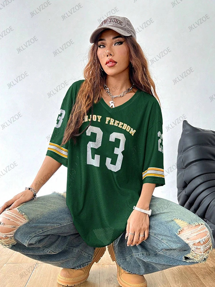 Summer Black Enjoy Freedom 23 Print TShirt For Women VNeck Short Sleeve Mesh Sports Football Jersey Y2K Oversized Tops 250214