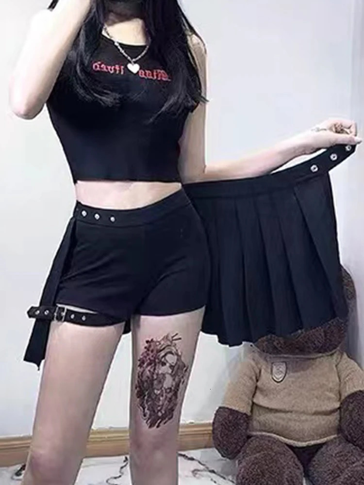 AltGoth Punk Mall Goth Shorts Skirt Women Y2k Egirl Streetwear Harajuku Leg Ring Buckle Detachable High Waist Emo Alt Clubwear 250220