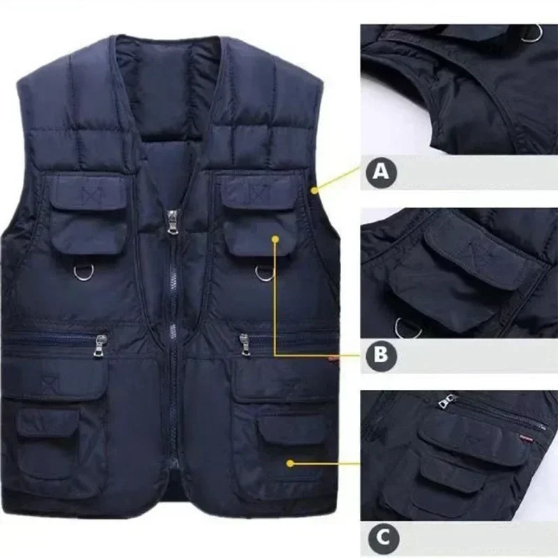 Classic Multi-Pocket Mens Padded Vest Winter Warm Sleeveless Coat Tactical Vest Jacket for Men Solid Lightweight Male Waistcoat 250219