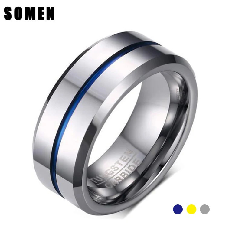Somen Fashion 8MM Blue Line Polished Tungsten Carbide Ring Simple Style Wedding Bands Party Ring for Men Jewelry bague anillos 250213
